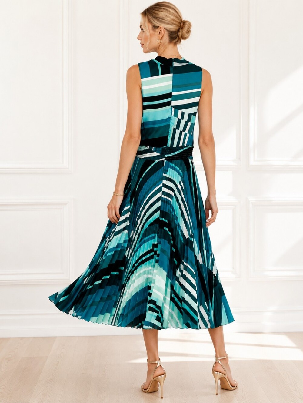 Maison Tara Pleated Faux Wrap Midi Dress | Blue Teal Abstract Print | Size 8 - Picture 3 of 9